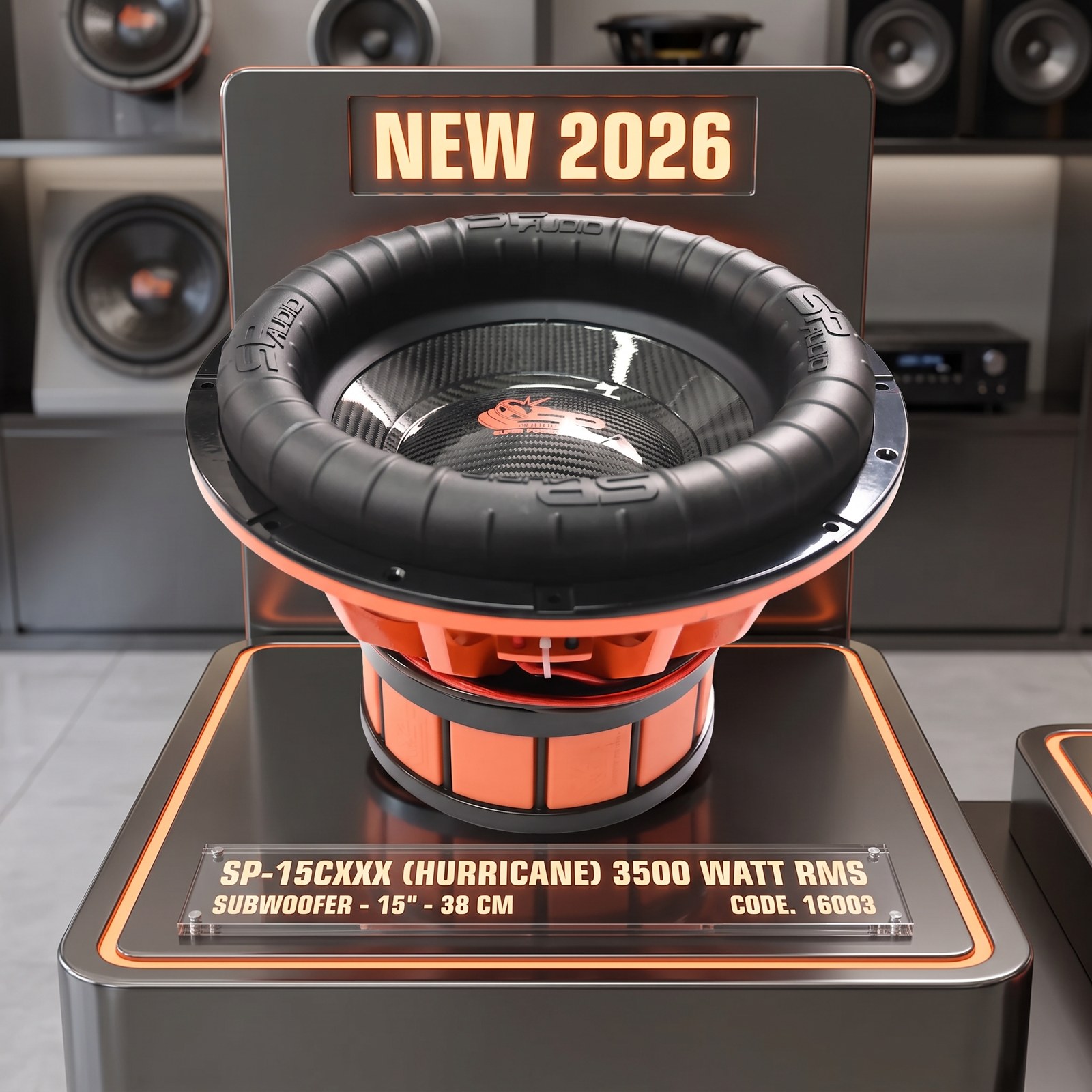 SP AUDIO display with SP-15CXXX Hurricane 3500 W RMS subwoofer